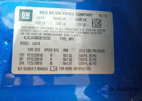 2016 Buick Encore из США, поврежденный, VIN KL4CJASB6GB702282